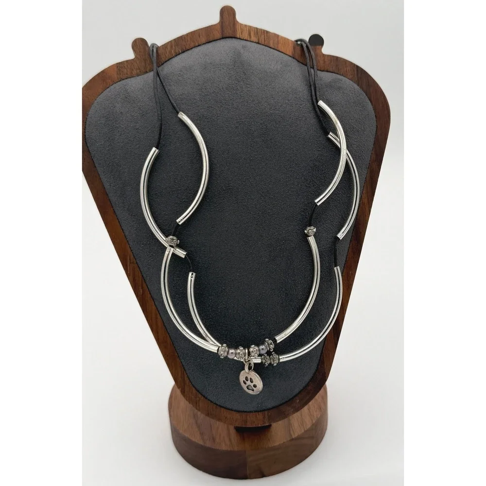 Lizzy James Leather Wrap Bracelet / Necklace Silver Tube Paw Print Charm Boho